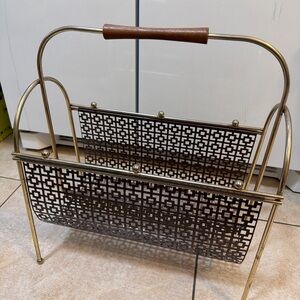 VTG Mid Century Brass Steel Magazine Album Record Rack Holder w/ Teak Handle
